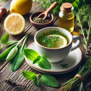 A cup of freshly brewed Swiss green tea with herbs, sitting on a wooden table, surrounded by natural elements like lemon balm, sage, and a small sprig