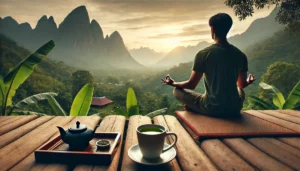 A person meditating with a cup of green tea nearby, set against a backdrop of mountains and nature, showing a serene environment