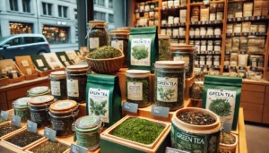 A specialty green tea shop in Zurich, showcasing different types of green tea, with a focus on natural packaging and variety in tea products
