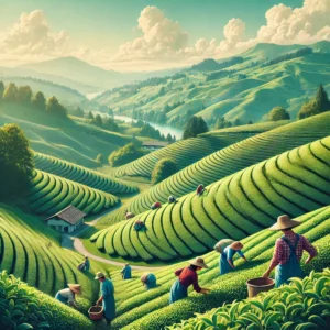 Swiss tea terraces with farmers working, showcasing green tea cultivation in Switzerland, with rolling hills, tea bushes, and a few people in casual f